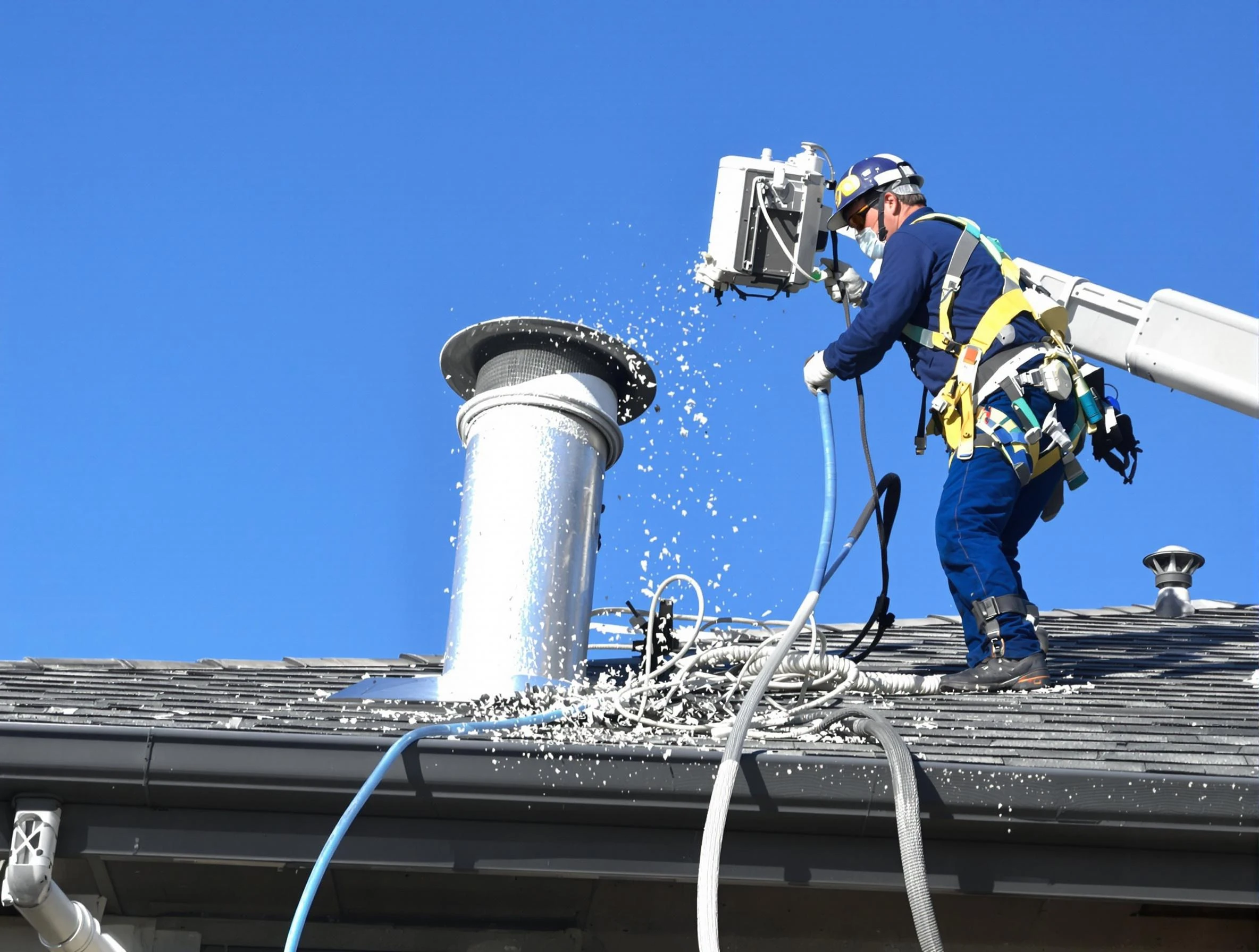 King George Dryer Vent Cleaning certified technician safely cleaning a roof-mounted dryer vent in King George